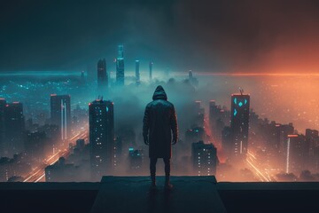 Wall Mural - a vision of an illuminated city through the fog generative ai