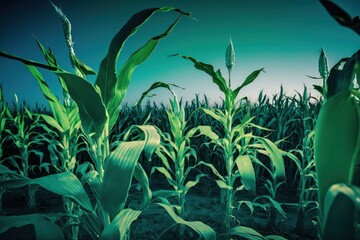 Wall Mural - Green, young corn in a field at dusk. Cobs of young corn. Farm raised corn is corn produced in cornfields. Blue sky with a maize seedling in a garden. In the field, there are green maize plants. Scene