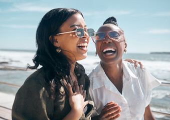 Poster - Happy, friendship and women on a walk at the beach while on a summer vacation, weekend trip or adventure. Happiness, freedom and female friends walking by the ocean while on seaside holiday together.