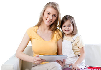 Wall Mural - Happy Mother and daughter with tablet pc