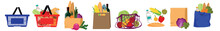 Collage Of Grocery Bags And Baskets With Fresh Products On White Background