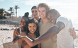 © T Mdlungu/peopleimages.com - Friends group, selfie and diversity at ocean for bonding, love or care with black man, women and happy. Young student vacation, spring break or profile picture on social network ui in summer sunshine
