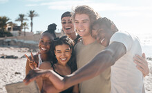 Friends Group, Selfie And Diversity At Ocean For Bonding, Love Or Care With Black Man, Women And Happy. Young Student Vacation, Spring Break Or Profile Picture On Social Network Ui In Summer Sunshine