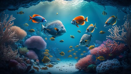 Wall Mural - Tropical fish swimming through a coral reef