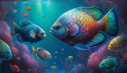 Wall Mural - Rainbow fish school in a captivating underwater scene
