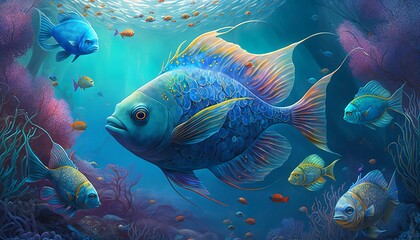 Sticker - Rainbow fish school in a captivating underwater scene