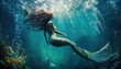 © QuietWord - beautiful mermaid swimming under water with light shine trough water surface, Generative Ai
