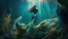 Beautiful Mermaid Swimming Under Water With Light Shine Trough Water Surface, Generative Ai