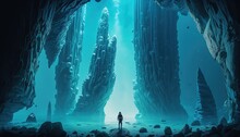 A Man Before Stone Pillar Under Water With Light And Fish Around, Underwater World Scenery, Generative  Ai 