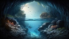 Rock Chamber Cave Room Under Water Mysterious Atmosphere Landscape, Idea For Background Wallpaper, , Generative Ai