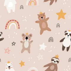 Wall Mural - Cute kids bear seamless pattern. Cartoon bears characters like panda, koala, grizzly, polar, sloth. Scandinavian flat style, baby design for cards, posters, t-shirt print.