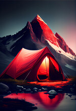 Tent Pitched Up In Front Of A Mountain. Generative Ai.