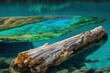 In the center of the turquoise and emerald waters of the Five Color Pond in Jiuzhaigou, Aba Tibetan Autonomous Prefecture, Sichuan, China, lies a horizontal image of a log that has produced new growth
