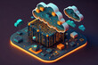 © hugo - Web hosting concept. Isometric design concept on cloud computing theme. Mock-up for website and mobile website. Computer Network, Global internet Communication Concept. Generative AI.