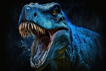 Angry Blue Tyrannosaurus Rex. T. Rex, Tyrannosaurus Rex, Blue Roaring Tyrannosaurus, And More Names For This Terrifying Dinosaur. A Prehistoric Dinosaur That Ate Meat. Generative AI