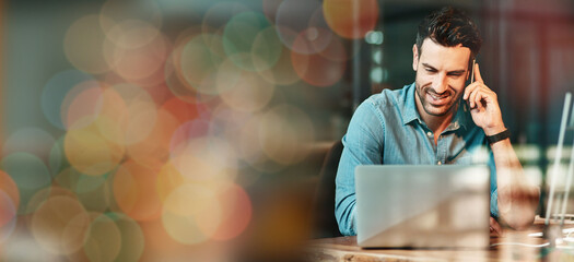 Poster - Laptop, phone call and man in coffee shop for remote work, client contact and online connection. Communication, business mockup and freelance male talking, networking and conversation on smartphone