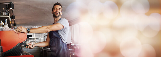 Canvas Print - Small business, barista and coffee shop owner in mockup, man with confident smile in restaurant startup. Success, happy manager or cafe employee with bokeh, apron and espresso machine in service.