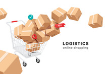 Bulk Parcel Boxes Or Cardboard Boxes And Pins,buy Icon,order Confirmation Icon Floating Out Shopping Cart Or Trolley