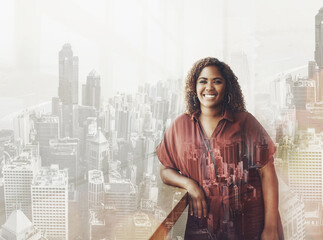 Poster - Businesswoman, portrait smile and city in double exposure with vision for career ambition, goals or success. Female architect employee smiling for planning, idea or architecture buildings on overlay