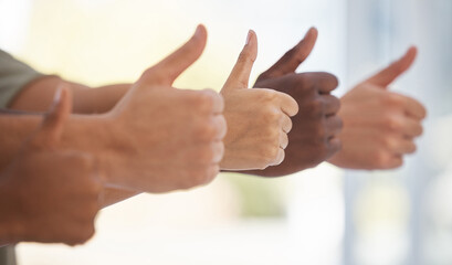 Aufkleber - Thumbs up, hands and business people with thank you, success and yes sign on blurred background. Partnership, collaboration and hand emoji sign by team showing icon, symbol and approval with fingers