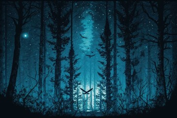 Poster - Creepy nighttime forest with a few mysterious lights. There are stars visible in the clear blue twilight sky. The moonlight cast an ethereal glow on the trunks of the towering trees. Tense and gloomy