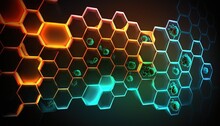  A Colorful Hexagonal Background With Hexagons On A Black Background With A Green And Yellow Light In The Center Of The Hexagones.  Generative Ai