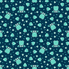 Wall Mural - Seamless background for children. Fish and Crabs. Flat Vector illustration on a blue background. Can be used as fabric, wrapping paper, cover and other