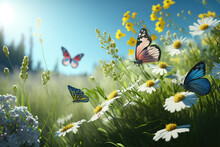 Summer Meadow With Butterflies Against A Blue Sky