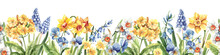 Spring Flowers Hand Drawn Watercolor Seamless Border. Yellow Primroses, Blue Muscari, Bluebells, Daffodils Background.