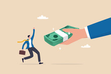 Getting Paid, Salary, Wages Payment Or Bonus, Reward Or Employee Benefits, Tax Refund Or Investment Profit Earning, Loan Or Mortgage Concept, Business Man Hand Giving Money Banknote To Happy Employee.