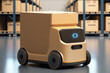 © The 2R Artificiality - Artificial Intelligence, Autonomous Robot of Warehouse Logistic, Smart Automated Delivery Vehicle in Modern Storehouse Shipping, with Robot Carrier Carrying Cardboard Box is a Concept Industry 4.0 Rob