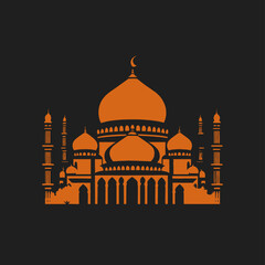 Vector illustration of a mosque and in a minimalist style. Perfect for Ramadan Kareem greeting design elements. Orange color background template, Ramadan theme.