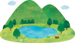山と池（沼）と森のシンプルな水彩画風景
