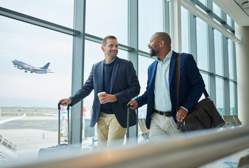 Poster - Travel for business, team at airport and men, catch flight for work trip with conference or training seminar with accountant. Walk, talk and diversity with finance convention and partnership