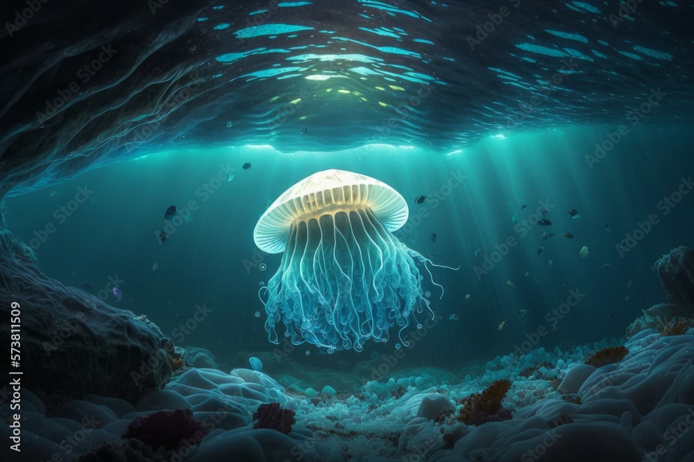 Glowing jellyfish floating in an underwater cave. Bioluminescent ...