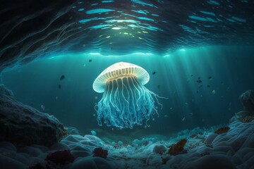 Glowing jellyfish floating in an underwater cave. Bioluminescent natural wonder. | generative AI
