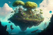 Garden On A Floating Island In The Sky. Fantasy Concept Art | Generative AI
