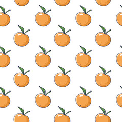 Wall Mural - Cute orange Mandarin seamless pattern in doodle style. Vector hand drawn cartoon Mandarin illustration. Hand drawn Sketch of Mandarin. Pattern for kids clothes.