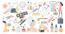 Beauty Set With Female Cosmetics, Spa And Skincare Items Tiny Peron Concept, Transparent Background. Collection With Essential Oils, Perfume, Makeup And SPA Treatment Elements Illustration.