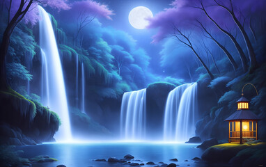 Magic night forest. Waterfall and moon