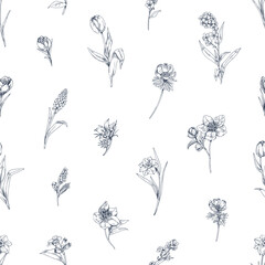 Aufkleber - Engraved flowers pattern, botanical repeating print. Vintage outlined contoured floral plants, endless background, texture design. Etched hand-drawn vector illustration for fabric, textile, wrapping