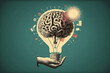 © 1by1step - Generative AI illustration of conceptual art collage of hands holding a light bulb which appears a brain full of ideas and knowledge