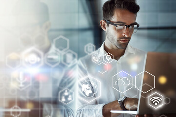 Poster - Business man, global network and hologram with laptop and digital transformation, information technology and mockup. Icons, 3D and overlay with wifi, software and app, cloud computing and database