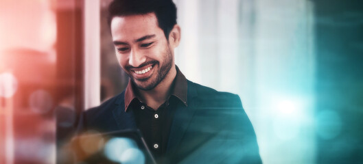 Poster - Businessman, tablet and smile at night for communication, research or browsing at the office on mockup. Happy male employee smiling with touchscreen for online marketing, advertising or search