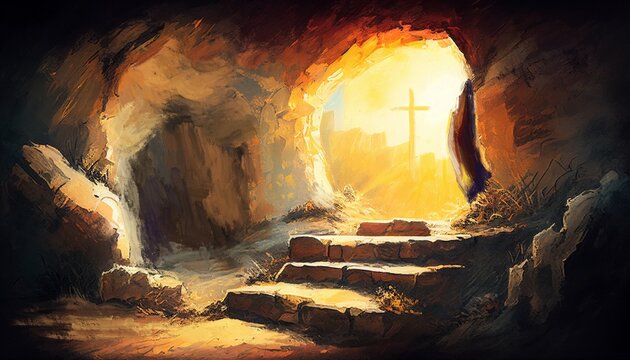easter jesus christ rose from the dead. sunday morning. dawn. the empty tomb in the background of th