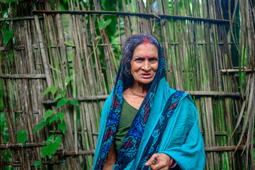 Portrait of south asian hindu religious elderly woman , colourful outdoor environment, woman in traditional indian dress called shari