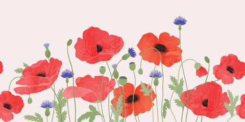 seamless minimal hand drawn poppy flowers and leaf vector in spring and summer collection with water