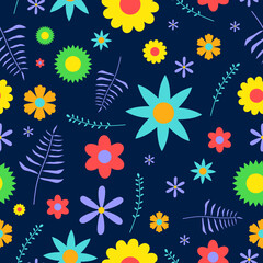 Wall Mural - Colorful Daisy flower seamless pattern isolated on blue background.