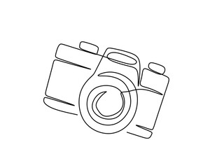 Hand drawing single one line of digital camera isolated on white background.