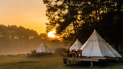 tent camping in the morning . at thung salaeng luang national park phetchabun province, thailand